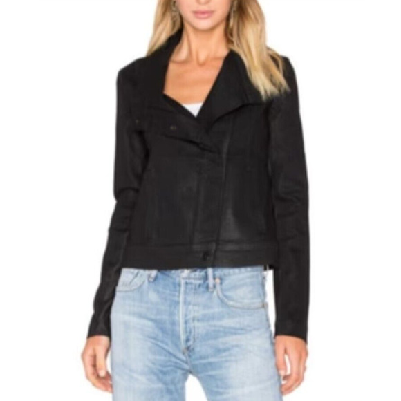 Revolve Vince Coated Denim Moto Jacket Size Small Asymmetrical Snap Waxed Black - Picture 2 of 16